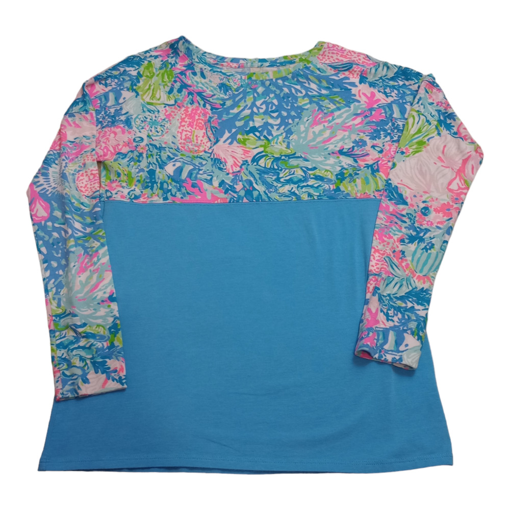 Lilly Pulitzer Finn Top Long Sleeve Floral Trim Tunic Top Scoop Neck Blue XXS